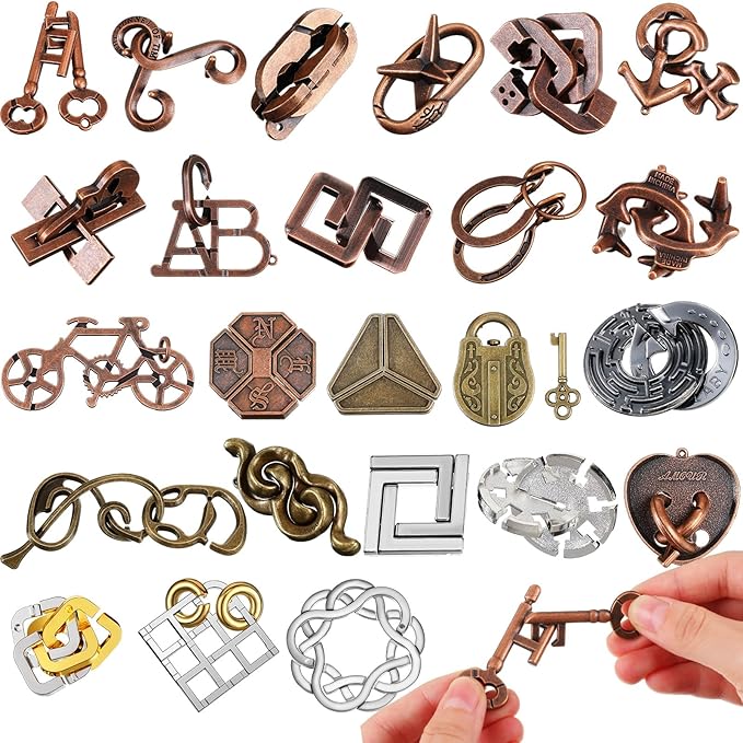 24 Pcs Metal Brain Teaser Puzzles Assortment for Adults Difficult Magic Puzzles Highly Hard Brain Games Iq Logic Test Disentanglement Game for Mind Challenge(Classic)