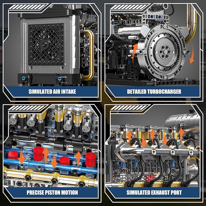Diesel Engine Model Kit that Runs for Adults, MOC Mini Inline 4-Cylinder Diesel Engine Building Set with Motor, Compatible with Lego, Mechanical Engineering STEM Toy for Teens (1029 PCS)