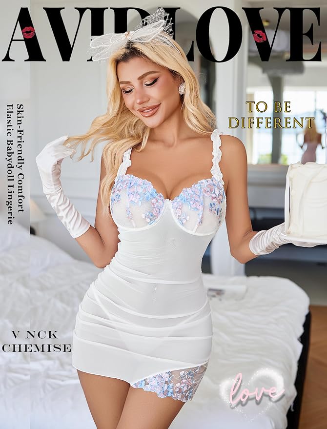 Avidlove Lingerie for Women Mesh Babydoll Lingeries Lace Chemise Floral Sleepwear Dress Sheer Exotic Boudoir Outfit S-XXL