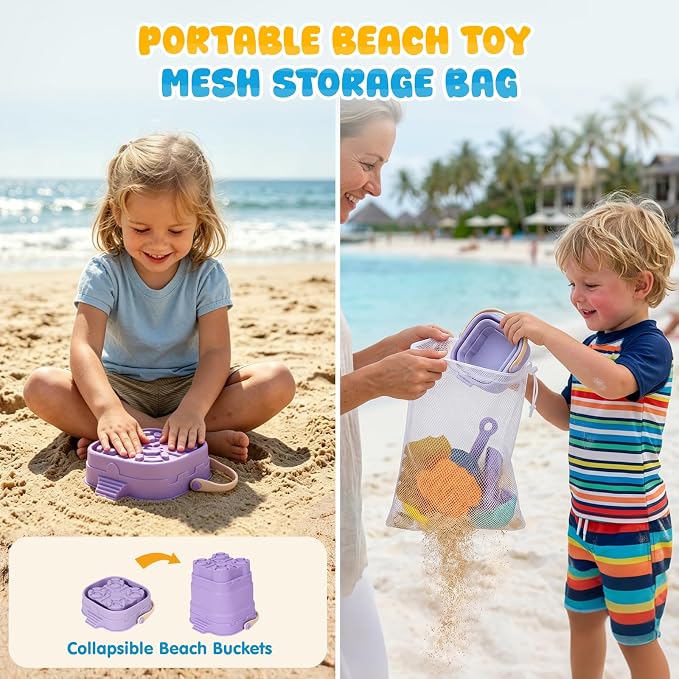 AuntyFey 11Pcs Silicone Beach Toys, Baby Beach Sand Toys, Sand Sandbox Toys for Toddlers 1-3, Collapsible Sand Buckets for Kids with 4 Plastic Sand Mold, 3 Silicone Castle Sand Mold and Mesh Bag