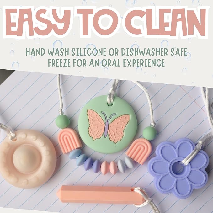 Whimsy Chew Necklaces for Sensory Kids | 5PCS Calm Colors Teething Toys | Chewy Necklace Sensory Toys for Kids with Autism | Premium Silicone Chewlery ADHD Tools | Fidget Necklace