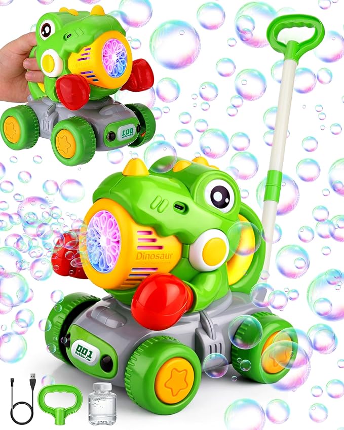 2PCS Dinosaur Bubble Lawn Mower for Toddlers, Rechargeable Automatic Bubble Blower with Lights,Handheld and Push 2 in1 Bubble Blower for Kid, Perfect for Party Favors and Activities for Girls and Boys