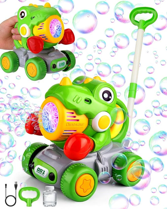 Dinosaur Bubble Lawn Mower for Toddlers, Rechargeable Automatic Bubble Blower with Lights,Handheld and Push 2 in1 Bubble Blower for Kid, Perfect for Party Favors and Activities for Girls and Boys