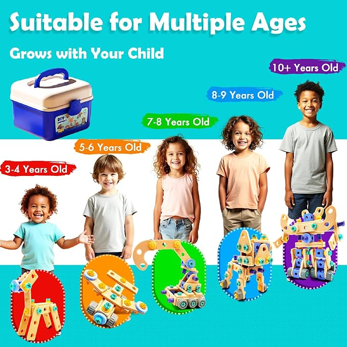 Kids STEM Building Toys For Ages 3-5 4-6 4-8 5-7 6-8 Years Old Boy Birthday Gift,101 Pcs Preschool Educational Construction Toys Tools Set With Drill,Toddler Design Drill Screw Toys (blue165)