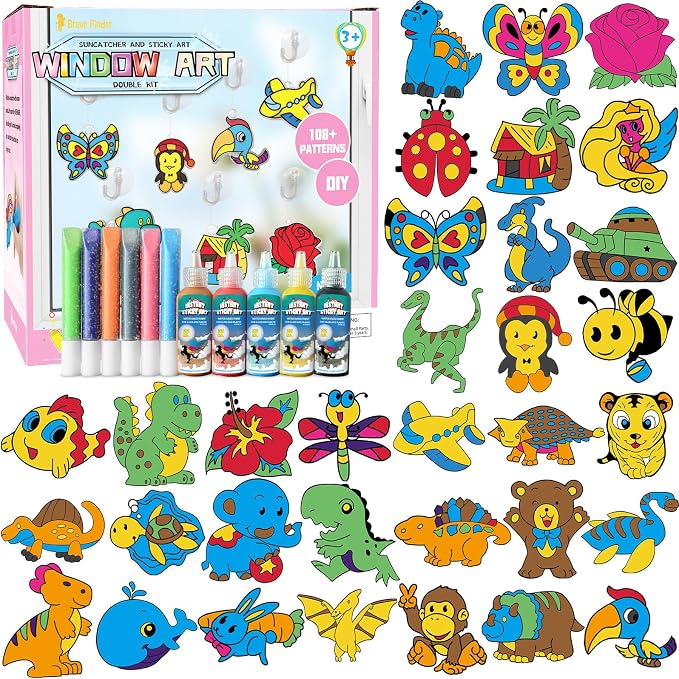 Window Paint Art, 36 Suncatchers Double Craft Kit for Kids – Children’s Make Your Own Fun Suncatcher Set Suction Cups DIY Car & Mirror Arts Crafts Children