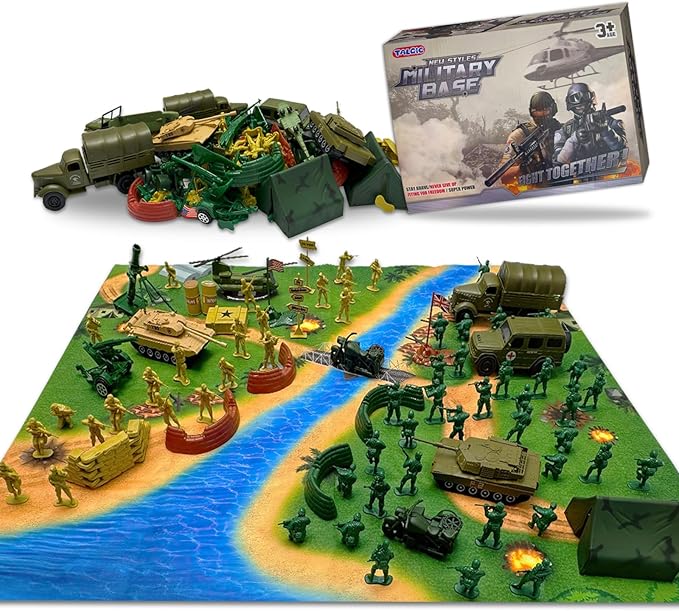 TALGIC Army Men Toys Large Battle Playset-Set Includes Army Men Action Figures, Military Battle Mat, Tanks, Helicopters, Jeep, Ambulance, Trucks, Cannon, Tents (120 PCS)