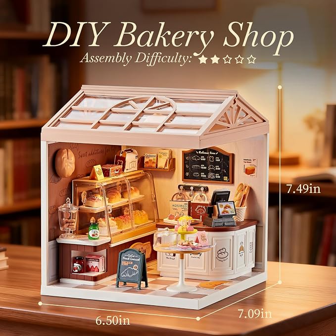 Miniature DIY House Kit Bakery Shop – 87Pcs 1:24 Scale Dollhouse Bake Shop Pastry Cafe with LED Light, Realistic Pastries & Connectable Base for Kids 8+ and Collectors