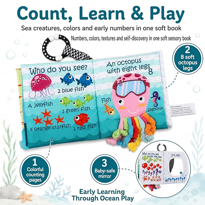 Fish Baby Books Toys, Touch Feel Cloth Crinkle Books for Babies,Baby Infant Toys 0-6, 6-12,12-18 Months,Newborn,Early Learning Education, Baby Gifts Shower for Boys Girls,Teething, Mirror,Shark Ocean