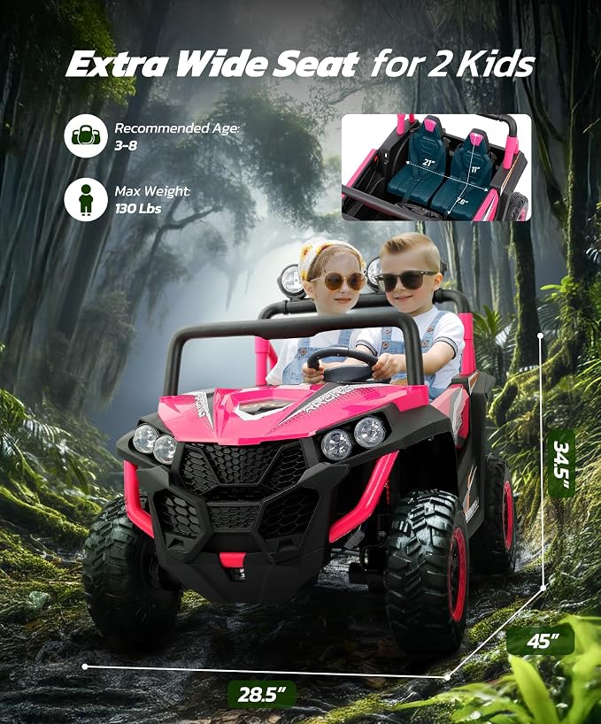 ELEMARA 2 Seater 24V Ride on Toys for Big Kids,Electric Car for Kids w/Parent Remote Control,Heavy-Duty Electric Ride On Truck w/ 4-Wheeler Suspension,5 Mph Max Speed,Bluetooth,Rainbowlight*4,Pink