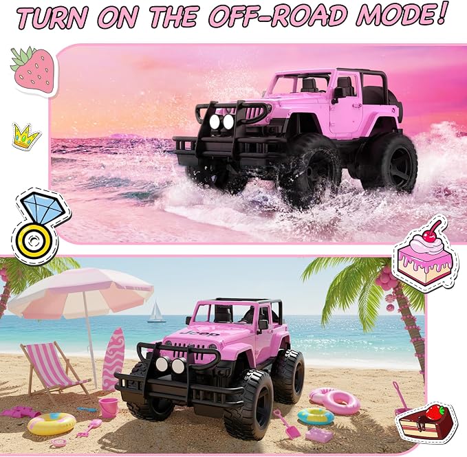 DOUBLE E Jeep Licensed 1:14 Scale Pink Remote Control Car for Girls with 2*DIY Stickers, Open-top Design RC Jeep, 80Min Play 2.4Ghz Off Road RC Trucks with LED Lights, Birthday/Xmas Gifts for Girls 6+
