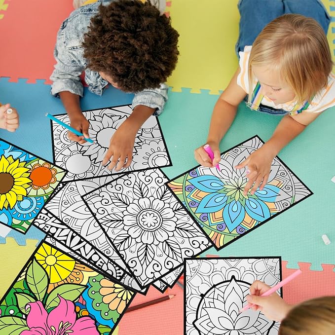 Cinrobiye 48 Pcs Velvet Coloring Posters Floral Fuzzy Posters to Color Bulk Felt Flower Coloring Page Craft for Adults Teenagers All Ages Classroom Assisted Living Festive Holiday Art&Craft Activity