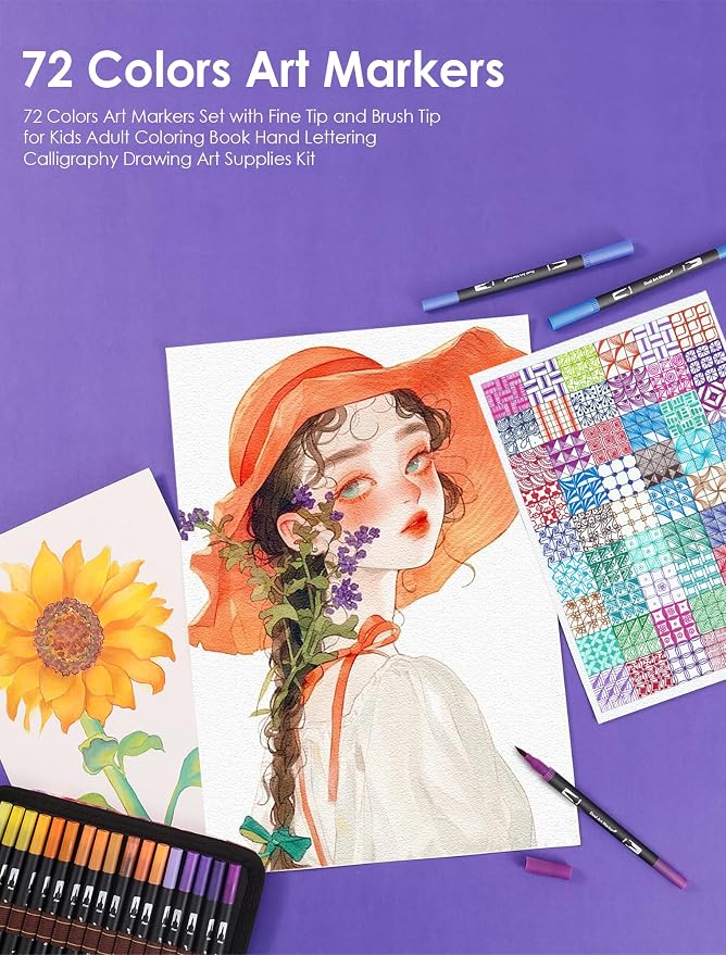 TOSHARE 72 Colors Brush & Fine Dual Tip Watercolor Markers for Adult Coloring Books No Bleeding Paint Pens For Drawing Note Taking Planner Calligraphy Journaling Card Making Back-to-School Supplies
