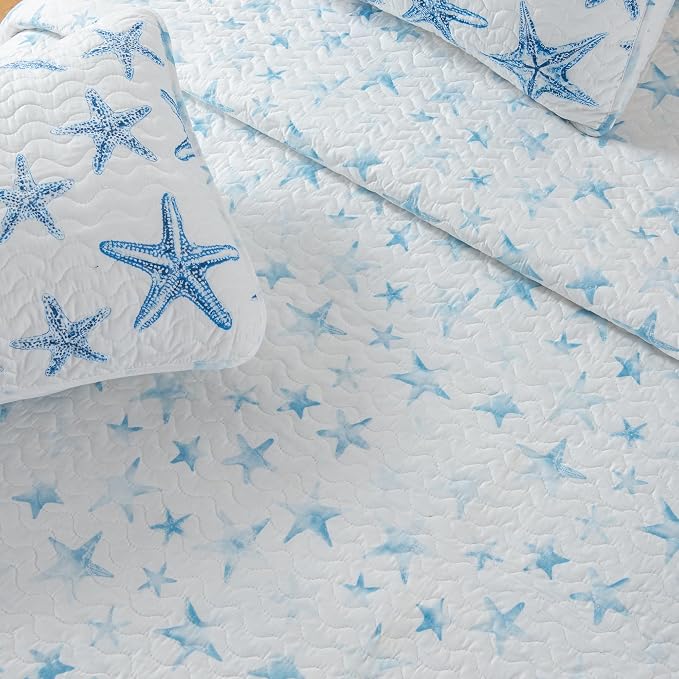 Great Bay Home Coastal Quilt Set - 2-Piece Twin/Twin XL Size Nautical Bedding Set - Lightweight, All-Season, Reversible Starfish Bedspread (Blue)