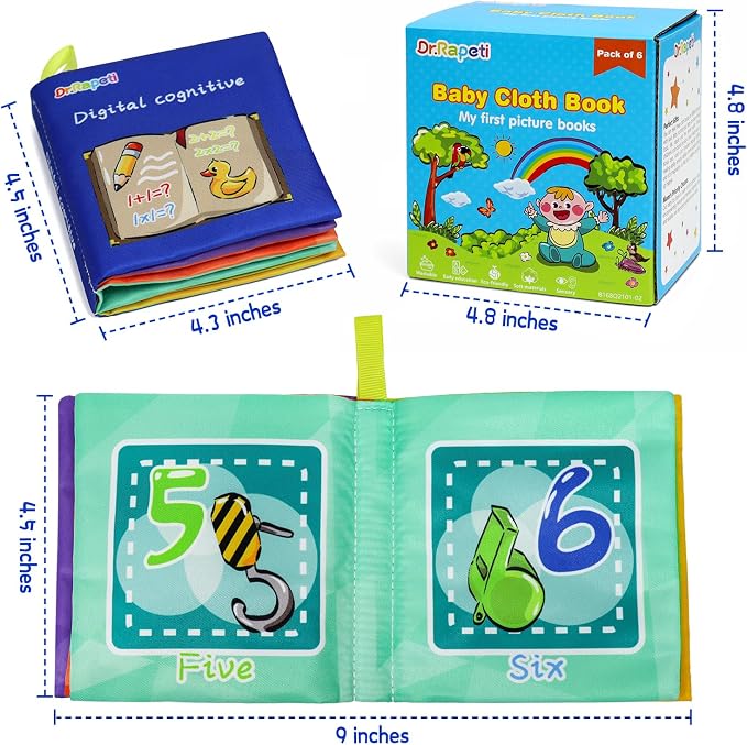 Dr.Rapeti Soft Cloth Books Baby Books Bath Books 6-Pack for Baby Infant Toddler Kids Crinkle Squeaky Washable Chewable Non-Toxic Early Educational Giftable