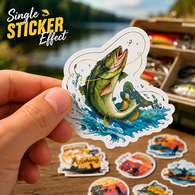 QTL Fishing Stickers for Men Adults, Fishing Party Supplies, Waterproof Vinyl Stickers for Water Bottles and Laptop, 60PCS