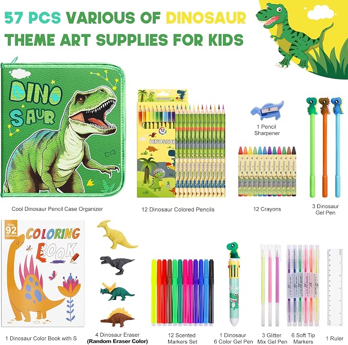 MAIGOZON Dinosaur Gifts for Boys - 57 PCS Scented Markers Art Supplies Set for Kids Ages 4-8, Coloring Drawing Kit with Dino Case, Coloring Book & Quick-Dry Gel Pens, Birthday Christmas Gift
