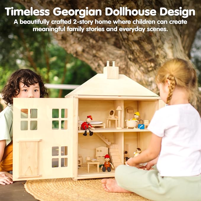 PlanToys® Wooden Georgian Dollhouse | 2-Storey House with Opening Door & Front Panels, Chimney & Staircases | Montessori Pretend Play House Compatible with 1:12 Scale Furniture & Wooden Dolls