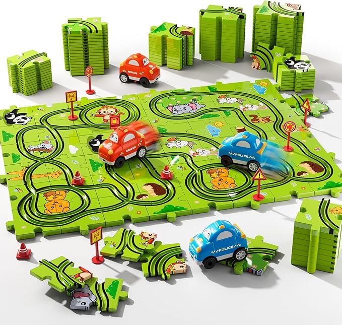 Beby Buty 48PCS Puzzle Race Track Car Set Toys for Kids Boys, Floor Puzzle Car Tracks for Boys Ages 3-5 4-6, Toddler Toys Gifts for 3 4 5 Year Old Kids, Ideal 3 4 5 6 Year Old Birthday Gifts
