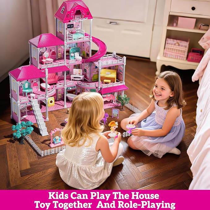 JUKUDAHU Villa Playset for Girls Ages 3-7, Indoor Playset Girls Toys for Ages 6-8 with 4 Storeys 11 Rooms 2 Dolls, Furniture and Accessories, Pretend Toddler Toy, Birthday Gifts for Kids 3 4 5 6 7 8