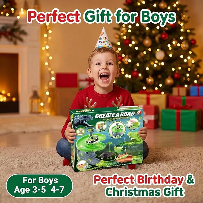 Dinosaur Race Track Toys for Boys 3-5, Spiral Car Track Set with Dinosaur Adventure Scene, Flexible Race Track Playset for Boys Age 4-7 Birthday Gifts