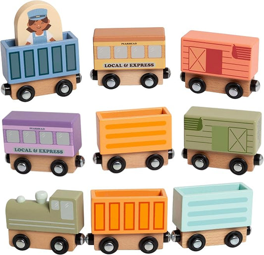 Pearhead Wooden Train Set for Toddlers – 10-Piece Magnetic Train Cars, FSC-Certified Wood, Montessori STEM Toy, Develops Fine Motor Skills, Compatible with Major Brands, Boys and Girls, Ages 2 3 4