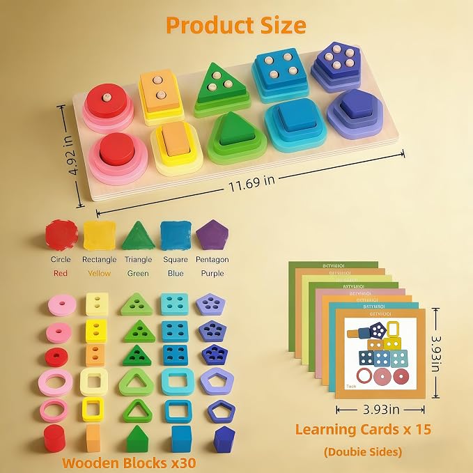 Montessori Toys for 1-3 Year Old Wooden Stacking & Color Shape Sorters, Educational Sensory Toys for Toddlers, Boys Girls Birthday Gifts, Travel Toy