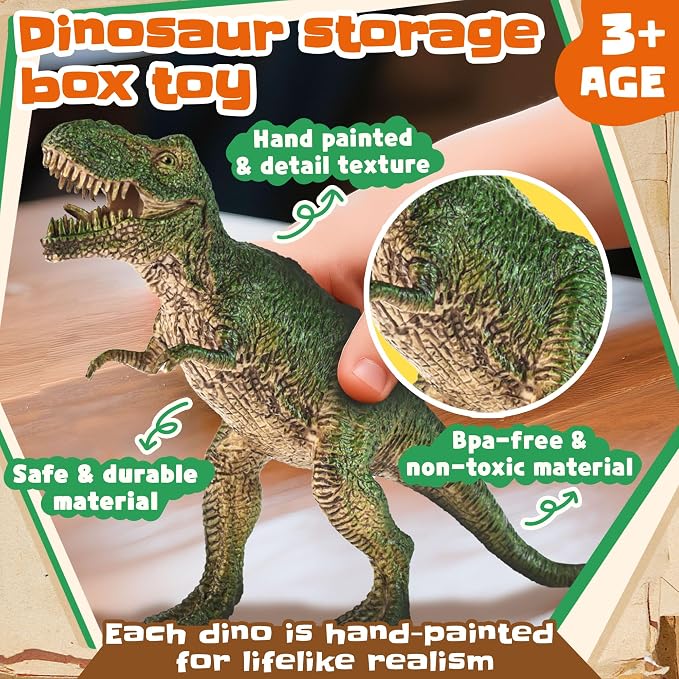 Zippytots Dinosaur Toys for Kids 3-5-7-14 Realistic Plastic Dinosaur Figures with Metal Storage Box & Learning Booklet - Educational Dino Figure Toys for Boys Girls Toddlers