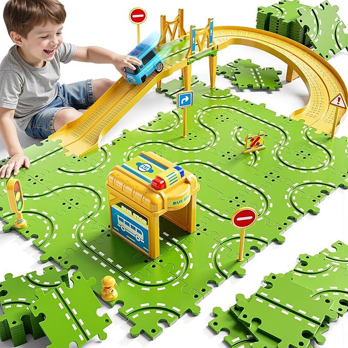 2-Tier Large Puzzle Race Car Track Set for Kids 3-5, Puzzle Tracks Car Play Set, Race Tracks Toys for Toddler Boys 3 4 5 6 Year Old, Birthday Gifts for Kids 3 4 5 6 7 8 Year Old Boys Girls