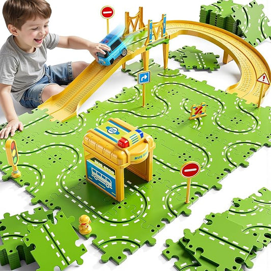 2-Tier Large Puzzle Race Car Track Set for Kids 3-5, Puzzle Tracks Car Play Set, Race Tracks Toys for Toddler Boys 3 4 5 6 Year Old, Birthday Gifts for Kids 3 4 5 6 7 8 Year Old Boys Girls