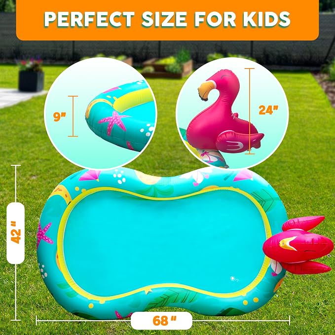 Kiddie Pool with Sprinkler | Kiddie Pool for Kids, Inflatable Toddler Pool, Toddler Inflatable Swimming Pool with Splash Pad, Summer Water Toys for Toddler Outside, Summer Toys, Flamingo