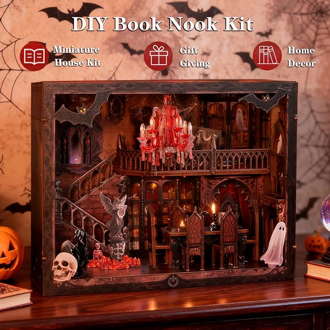 Haunted Manor DIY Miniature House Kit with LED Lights - Gothic Book Nook Decor, 3D Wooden Puzzle for Adults, Halloween Home Decoration (AAA Batteries Not Included)