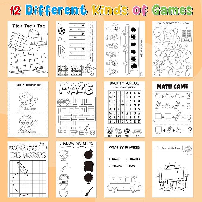 Back to School Activity Books for Kids - 24Pcs First Day of School Mini Games Coloring Book Set Bulk Mazes Word Search Word Scramble Games for Classroom DIY Art Gifts New School Year Party Favors