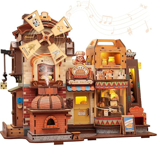Cutefun 3D Wooden Puzzle for Adults, DIY Miniature Bakery House Kit, Wooden Mechanical Model 576 Pcs Building Kit with LED Light & Music, Creative Craft Gift Home Decor (Bread Factory)