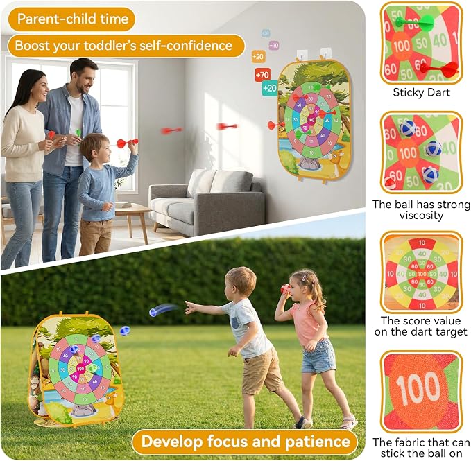 4-in-1 Animal Bean Bag Toss Game for Kids, Cornhole & Dart Board Set for Toddlers, Outdoor Toys for Family Party, Backyard, Beach & Lawn Activities, Gift for Boys and Girls Ages 3 4 5 6 7 8