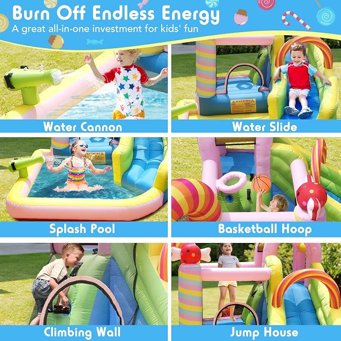 NBSPORT 6-in-1 Inflatable Water Slide Bounce House for Kids Ages 3-10, Candy Inflatable Water Park with Splash Pool, Climbing Wall, Basketball Hoop, 840D Oxford, 450W Blower for Backyard