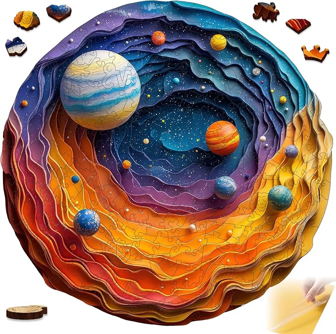 Mys Aurora Space Puzzles for Adults, 200 Piece Unique Shapes Solar System Wooden Puzzles, 3D Visual Effect Planet Jigsaw Puzzles, Family Puzzle Games Birthday Gift, 11.4 x 11.2 Inches