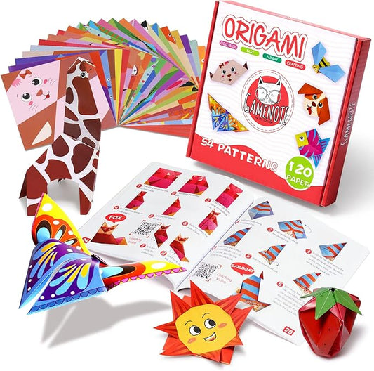Gamenote Colorful Origami Kit for Kid 54 Projects 120 Double Sided Origami Paper 12 Sheets Practice Papers Instructional Origami Book Origami Gift for 4+ Kids Adult Beginner Training Craft, Daily Life
