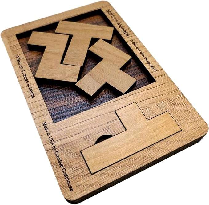 Creative Crafthouse Martin's Menace Small Stewart Coffin Wood Puzzle | Design number 217. A four piece packing solve that looks easy and absolutely is not. A desk and shelf gift, made in USA