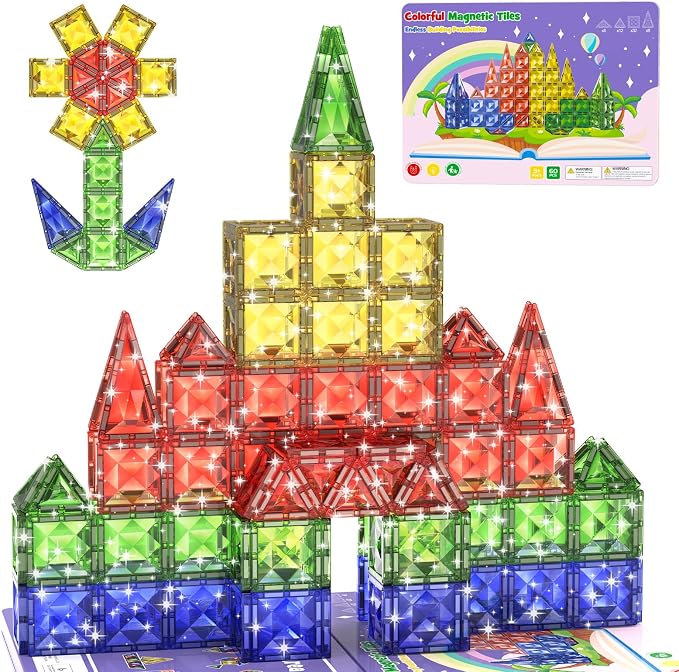 WMXDU 60pcs Large Diamond Magnetic Tile, Magnetic Building Blocks Magnet Toy with Iron Box, STEM Educational Montessori Indoor Building Kit for Preschool Boys Girls Age 3+ Classroom Must Haves