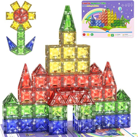 WMXDU 60pcs Large Diamond Magnetic Tile, Magnetic Building Blocks Magnet Toy with Iron Box, STEM Educational Montessori Indoor Building Kit for Preschool Boys Girls Age 3+ Classroom Must Haves