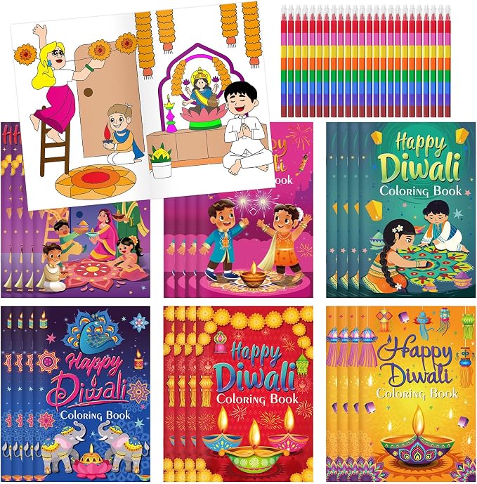 Cinrobiye 24 Set Diwali Festival Activity Set, Coloring Booklets with Stacking Crayons for Cultural Celebration, Party Supplies, Classroom Activity and Festival Event Favor