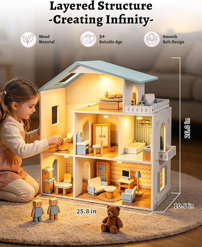 Pterying Wooden Dollhouse for Kids - Doll House with 6 Rooms & 29 Mini Furniture Pieces, Miniature House Kit, Easy Assembly, Pretend Play Toy for Boys & Girls Ages 3+, Fits 4-6 Inch Dolls