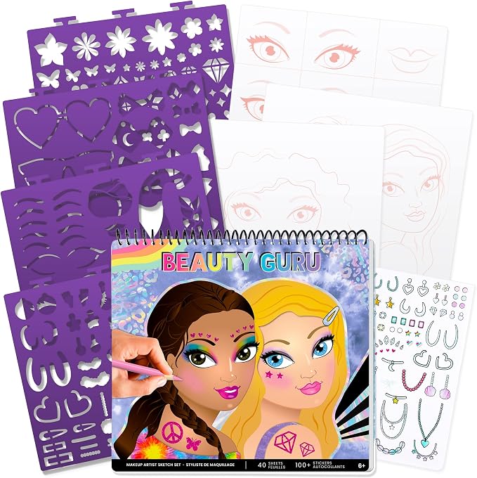 Fashion Angels Make-up & Hair Design Sketch Portfolio, Includes 40 Sketch Sheets, 4 Stencil Sheets & Stickers, Sketchbook for Beginners & Kids Ages 6+