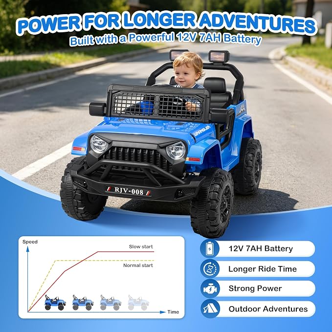 12V 7AH Kids Ride-On Truck Car, Electric Car with Parent Remote Control, Spring Suspension, LED Lights, Bluetooth, Music, Blue