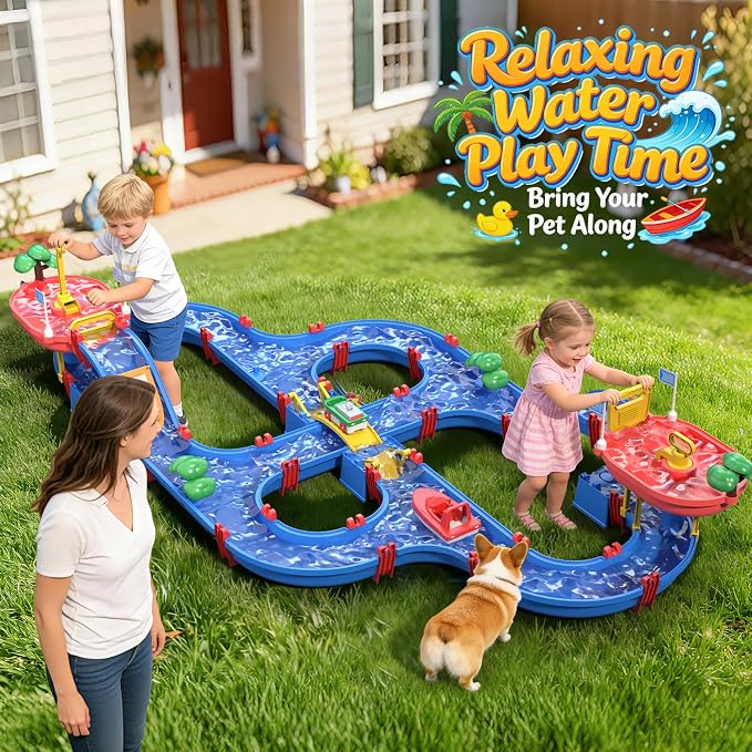 VATOS 2-Tier Toddlers Water Table Toy, 114 PCS DIY Dual-Basin Water Pump, Summer Outdoor Water Toys Backyard, Beach, Balcony, Garden Fun Water Playset for Girls, Boys 3-5 Years Old Pets Families