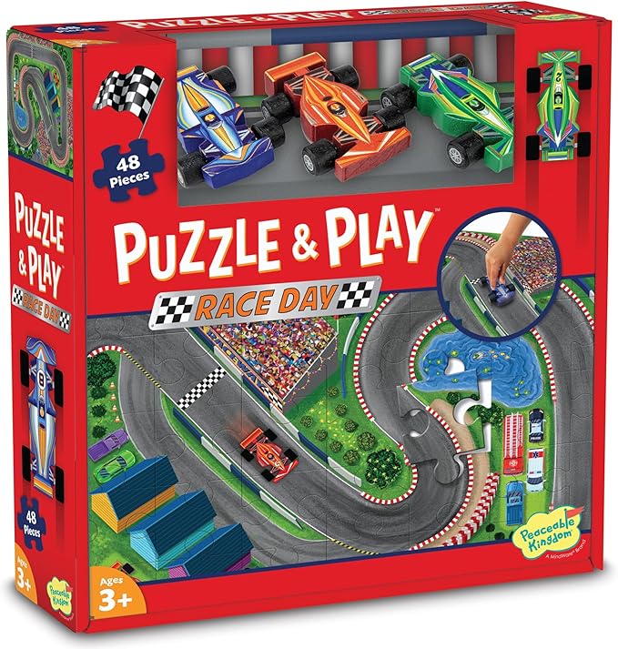 Peaceable Kingdom Jumbo Racetrack Floor Puzzle Bundle with 3 Wood Cars – Large Jigsaw Gift for Toddlers and Kids Ages 3-5 – Puzzle and Play: Race Day