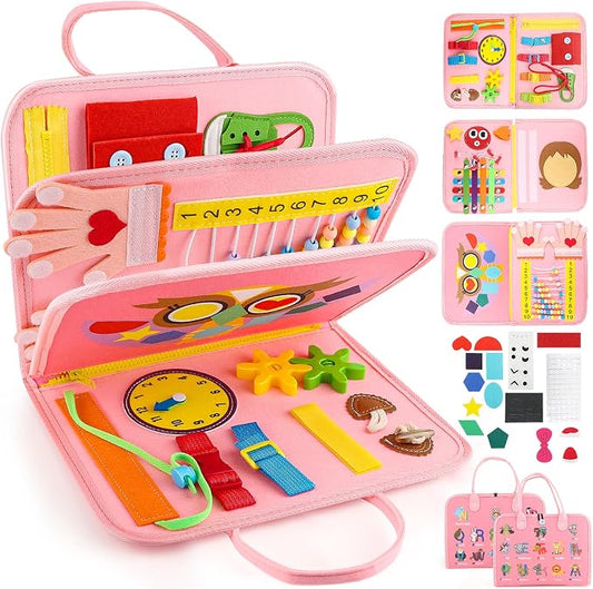 Toddler Busy Board, Montessori Sensory Toys for Boys, 1-4 Year Old Girl Toddler Travel Toys, Educational Learning Activities Board for Motor Skills, Birthday Gifts for Airplane Car, Pink