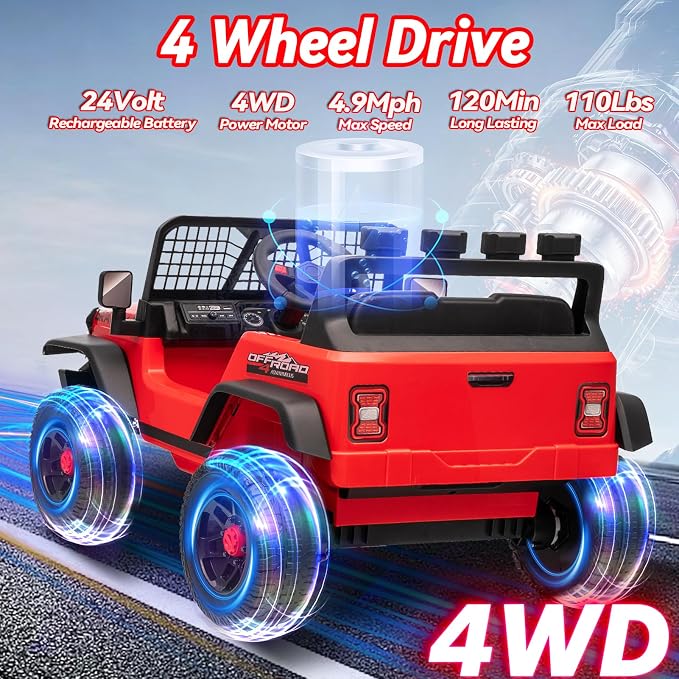 24V Ride on Toys w/Remote Control, 4WD Kids Ride on Truck Car, 3 Speed, Bluetooth Music, Wide Seat, Spring Suspension, LED Light, Birthday for Boys Girls Toddler (D-Red)