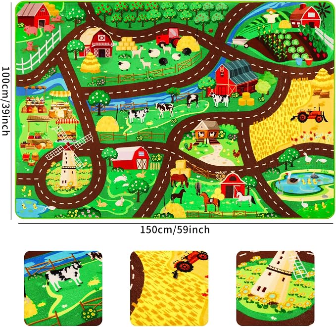Kids Car Carpet,3'3" x 4'11" Car Rugs for Kids Toy Cars,Non-Slip Farmhouse Road Rug for Kid,Kid Room Race Track Rug,Pasture Track Mat Car Play Rugs for Playroom Bedroom Boys(for Age 2+)