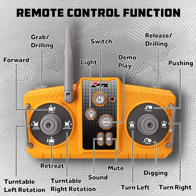 Remote Control Excavator Toys, 3-in-1 Metal Bucket/Claw/Drill, Turns 680° - Construction Toys with Lights/2 Recharge Batteries/Music, Christmas Birthday Gifts Mini RC Excavator Toys Boys for 3+